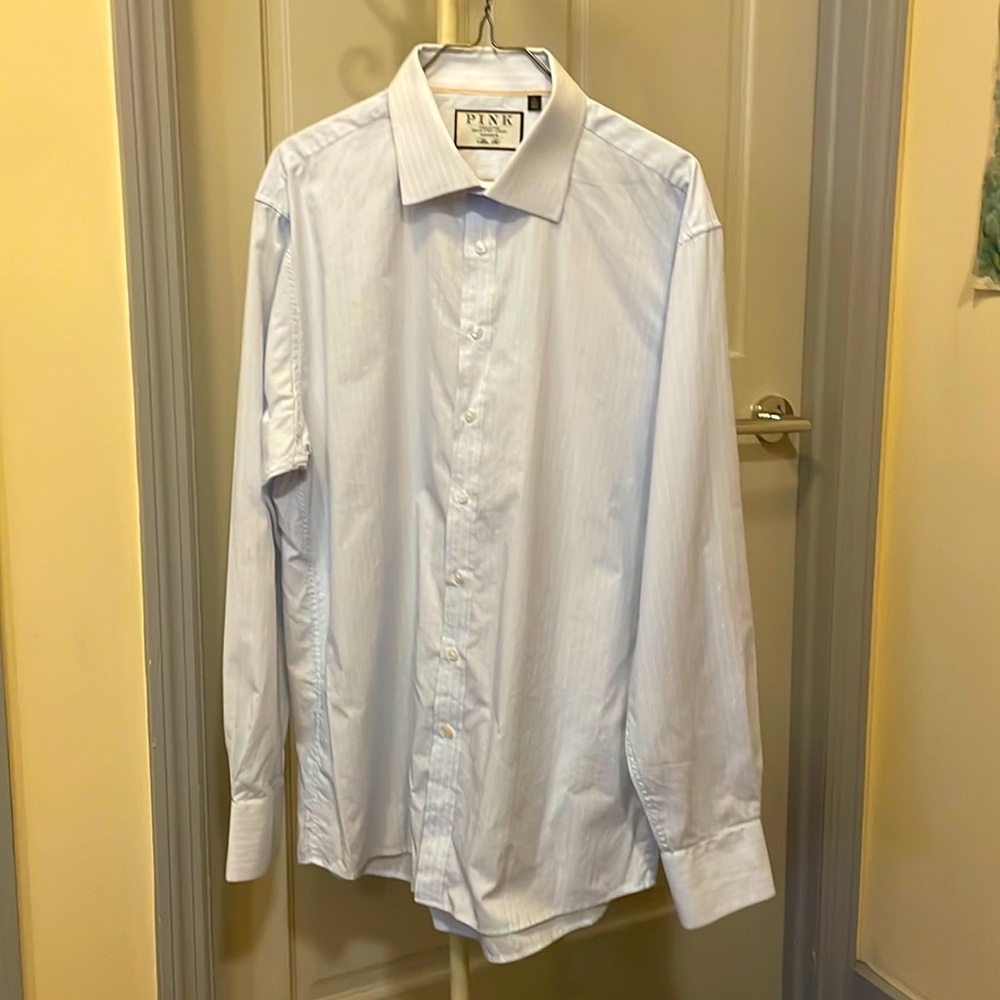 Thomas Pink cotton dress shirt light blue herringbone pattern 17x36/37